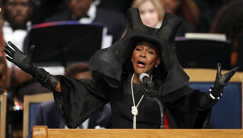 FILE - Cicely Tyson speaks during the funeral service for Aretha Franklin at Greater Grace Temple, Aug. 31, 2018, in Detroit. Tyson, the pioneering Black actress who gained an Oscar nomination for her role as the sharecropper's wife in "Sounder," a Tony Award in 2013 at age 88 and touched TV viewers' hearts in "The Autobiography of Miss Jane Pittman," has died. She was 96. Tyson's death was announced by her family, via her manager Larry Thompson, who did not immediately provide additional details. (AP Photo/Paul Sancya, File)