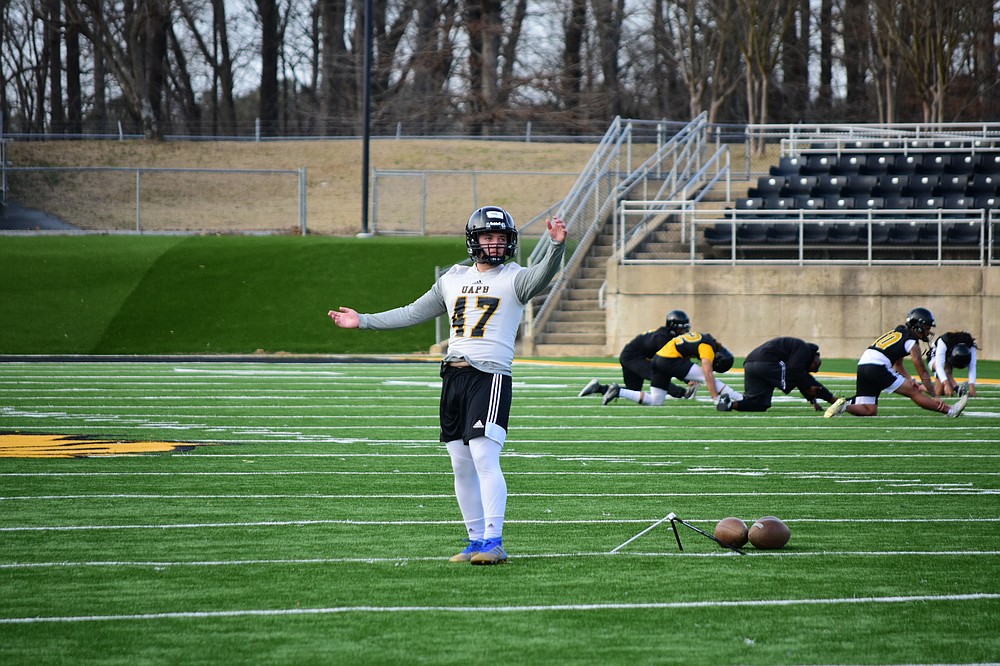 UAPB’s Zach Piwniczka lines up a kick before the start of preseason camp Friday, Jan. 29, 2021, at Simmons Bank Field in Pine Bluff. (Pine Bluff Commercial/I.C. Murrell)