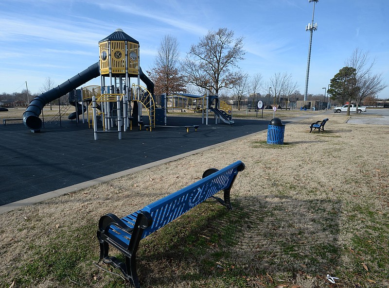 Playground equipment stands Friday, Jan. 29, 2021, in Luther George Park in Springdale. Plans for an updated Luther George Park go before the city of Springdale Planning Commission on Tuesday night. Visit nwaonline.com/210130Daily/ for today's photo gallery.  
(NWA Democrat-Gazette/Andy Shupe)