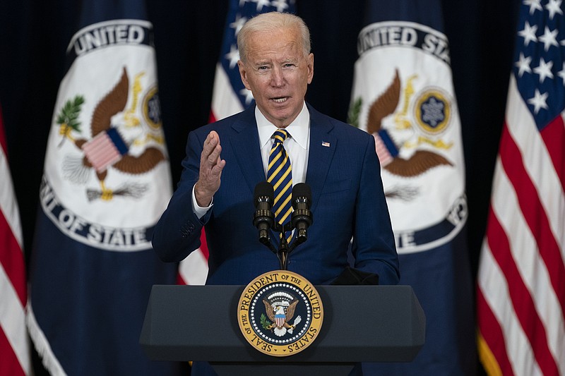 President Joe Biden delivers remarks to State Department staff, Thursday, Feb. 4, 2021, in Washington. (AP Photo/Evan Vucci)