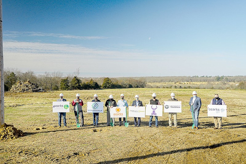 COURTESY PHOTO
Representatives of the city of Lincoln, city of Springdale, Lincoln Consolidated School District, Elkins School District and OzarksGo participate in a groundbreaking ceremony for a new solar park near Lincoln.