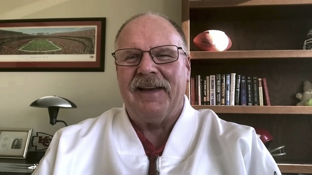 In this still image from video provided by the NFL, Kansas City Chiefs head coach Andy Reid speaks during Super Bowl 55 Opening Night, Monday, Feb. 1, 2021. (NFL via AP)