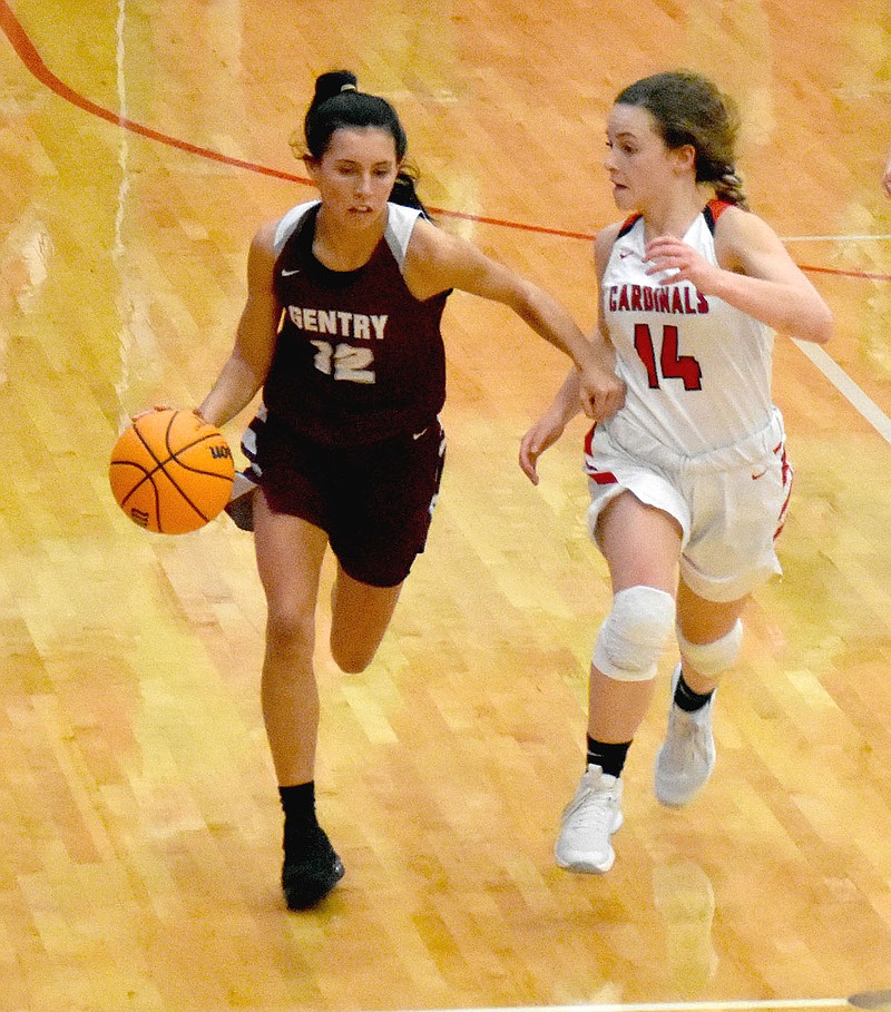 MARK HUMPHREY ENTERPRISE-LEADER/Gentry senior Jaiden Wilmoth brings the ball up-court against pressure from Farmington's Mazzi Carlson. Wilmoth scored six points during a Tuesday, Feb. 9, girls basketball 46-32 loss for the Lady Pioneers at Cardinal Arena. story.lead_photo.caption
