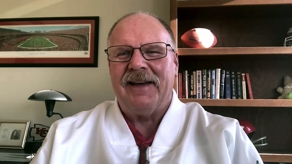 In this still image from video provided by the NFL, Kansas City Chiefs head coach Andy Reid speaks during Opening Night for the NFL Super Bowl 55 football game Monday, Feb. 1, 2021. (NFL via AP)