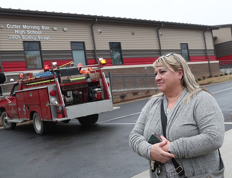 Cutter Morning Star Superintendent Nancy Anderson talks with The Sentinel-Record about a fire that occurred in the gym on Tuesday. - Photo by Richard Rasmussen of The Sentinel-Record