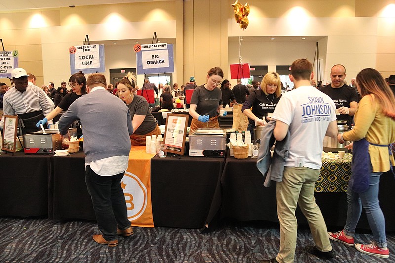 Restaurateurs served soup in the Wally Allen Ballroom of the Statehouse Convention Center in 2020. Covid-19 has forced the organizers to make this year's event virtual. (Democrat-Gazette file photo)