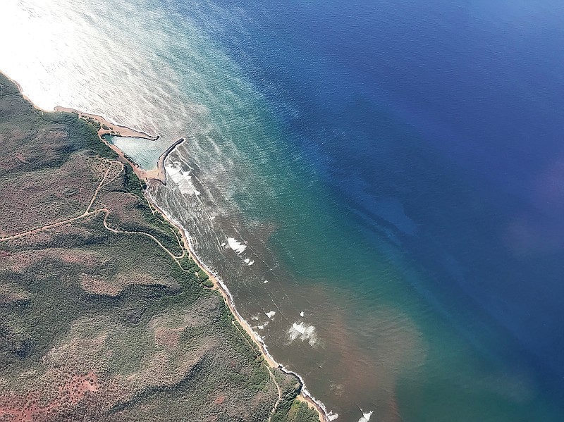 In this undated 2020 aerial photo provided by the Arizona State University's Global Airborne Observatory, runoff from the island of Molokai in Hawaii is shown flowing into the ocean. Axis deer, a species native to India that were presented as a gift from Hong Kong to the king of Hawaii in 1868,  have fed hunters and their families on the rural island of Molokai for generations. But for the community of about 7,500 people where self-sustainability is a way of life, the invasive deer are a cherished food source but also a danger to the island ecosystem. Now, the proliferation of the non-native deer and drought on Molokai have brought the problem into focus. Hundreds of deer have died from starvation, stretching thin the island's limited resources. When deer devour fruits, vegetables and other plants, it leads to to erosion and runoff into the ocean that alters the island's coral reef— another important food source. (Global Airborne Observatory, Arizona State University via AP)