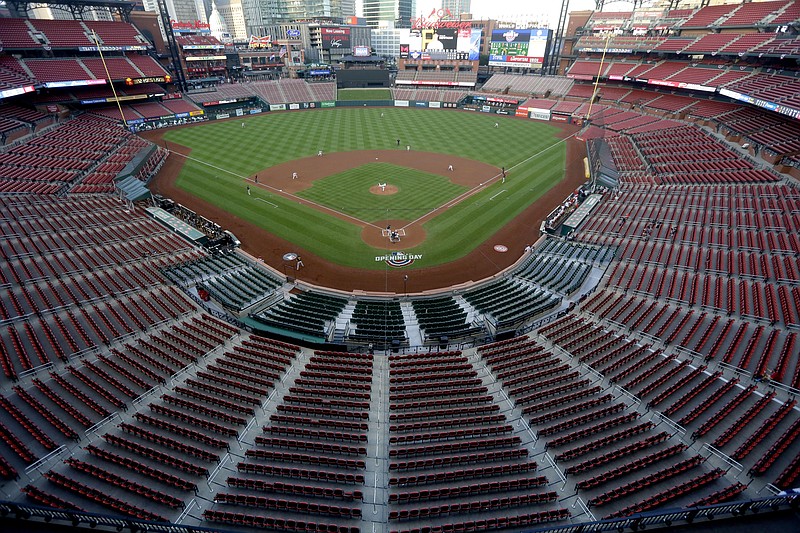 Empty seats are viewed in Busch Stadium as St. Louis Cardinals starting pitcher Jack Flaherty throws in the first inning of a July 24, 2020, game against the Pittsburgh Pirates in St. Louis. - Photo by Jeff Roberson of The Associated Press