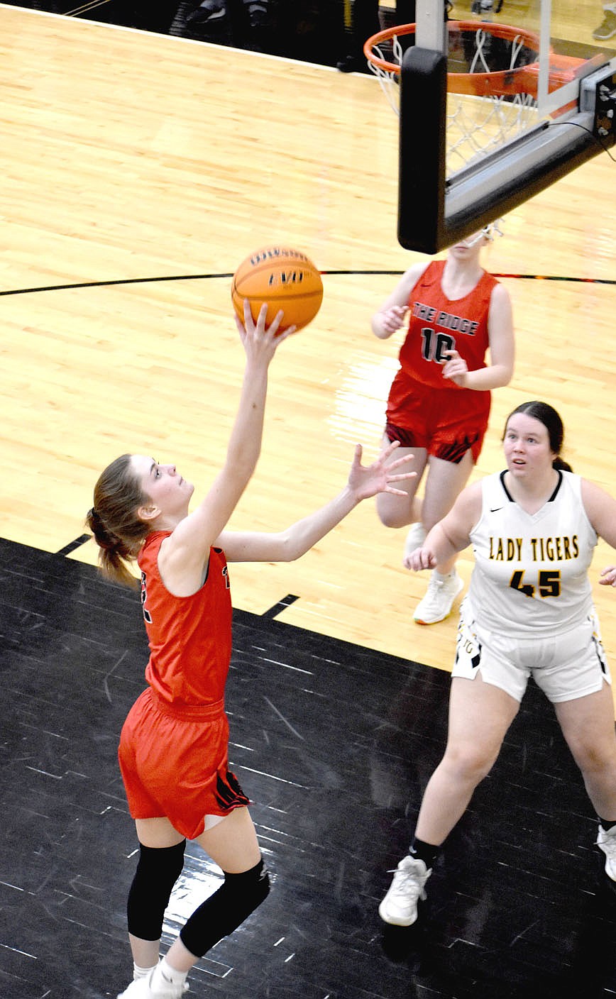 MARK HUMPHREY ENTERPRISE-LEADER/Pea Ridge senior Aiden Dayberry scores a layup against Prairie Grove. Dayberry contributed 9 points in the Lady Blackhawks' 65-38 win in 4A-1 Conference girls basketball action at Tiger Arena on Tuesday, Feb. 9.