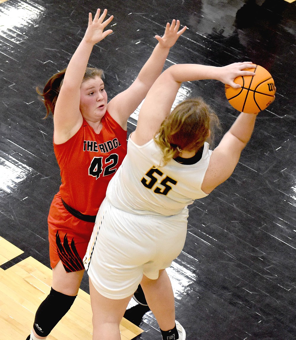 MARK HUMPHREY ENTERPRISE-LEADER/Pea Ridge senior Hayley West contests an outlet pass after Prairie Grove 6-0 senior Olivia Kestner controlled a defensive rebound. West scored 8 points in the Lady Blackhawks' 65-38 win in 4A-1 Conference girls basketball action at Tiger Arena on Tuesday, Feb. 9.