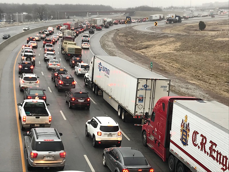 Traffic is backed up on Interstate 49 northbound Wednesday morning near the Fulbright Expressway exit in Fayetteville. (NWA Democrat-Gazette/David Gottschalk)