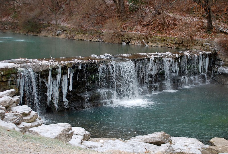 Janelle Jessen/Siloam Sunday
Icicles hang from the Sager Creek dam in City Park on Friday morning after days of freezing temperatures.