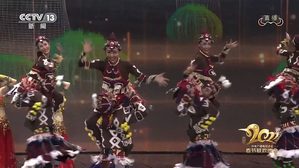In this image taken from video footage run by China's CCTV via AP Video, dancers in blackface and costumes portraying Africans perform on stage during the Spring Festival Gala, one of the world's most-watched TV programs in Beijing on Friday, Feb. 12, 2021. (CCTV via AP)