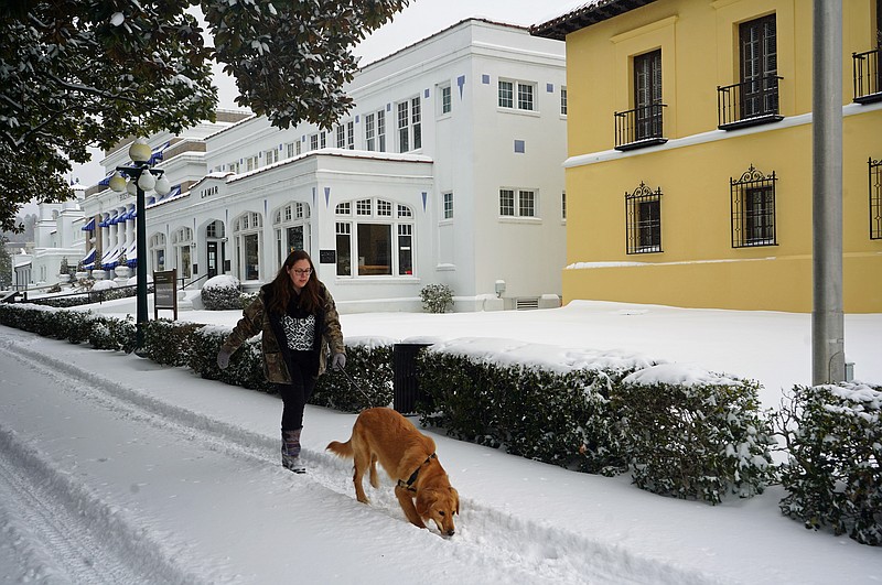 Rachel Head walks her dog, Gilbert, along a snowy Bathhouse Row in Hot Springs National Park on Monday. - Photo by Cassidy Kendall of The Sentinel-Record