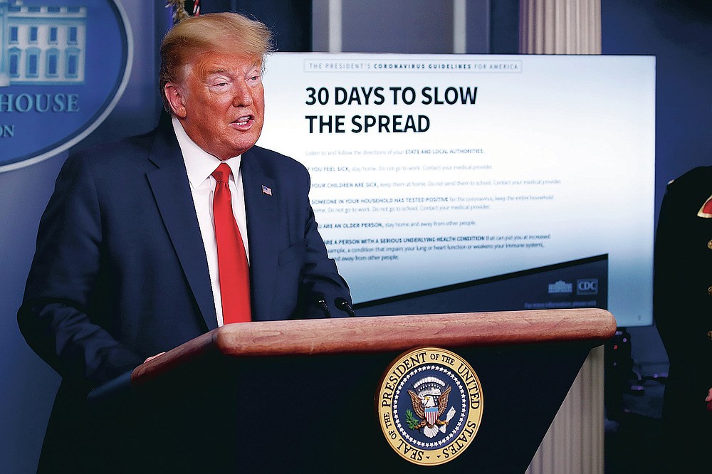FILE - In this Tuesday, March 31, 2020 file photo, President Donald Trump speaks about the coronavirus in the James Brady Press Briefing Room of the White House in Washington. Powerful voices in the U.S. -- from former President Trump to congressional Republicans -- worked to rebrand COVID-19 as “the China virus,” amplifying fringe theories that it had been engineered by Chinese scientists. In response, China launched what may be its first global digital disinformation campaign. (AP Photo/Alex Brandon)