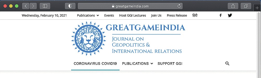 This Feb. 9, 2021 image shows the Great Game India website. Great Game India claims that the virus, which has killed more than 2 million people worldwide, was first found in the lungs of a Saudi man and then sent to labs in the Netherlands and then Canada, where it was stolen by Chinese scientists. (AP Photo)