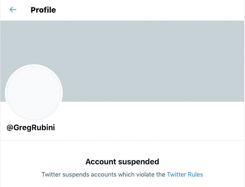 This Jan. 26, 2021 image shows the profile page of Greg Rubini’s permanently suspended Twitter account. Rubini has tweeted that Dr. Anthony Fauci created the coronavirus, and that it’s being used as a bioweapon to reduce the world’s population. Rubini was kicked of Twitter last fall for repeated violations of Twitter’s policies. (AP Photo)