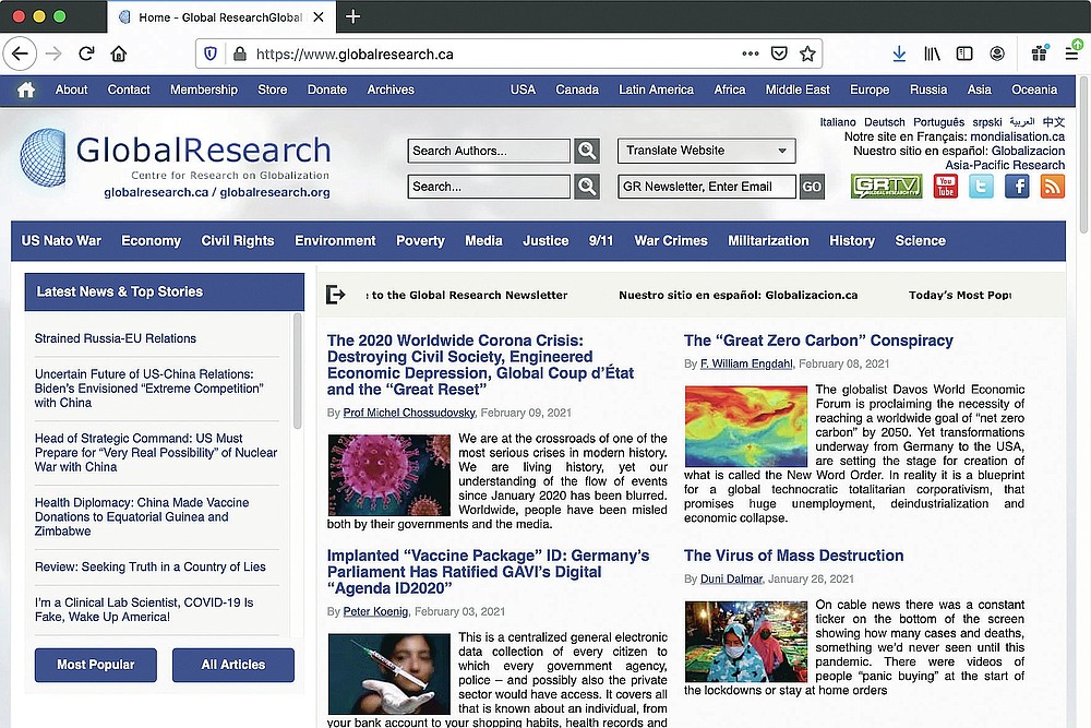 This Feb. 12, 2021 image shows the webpage of the The Centre For Research on Globalisation. The organization publishes authors from around the world, many of whom have advanced baseless claims about the U.S. role in the coronavirus outbreak. (AP Photo)