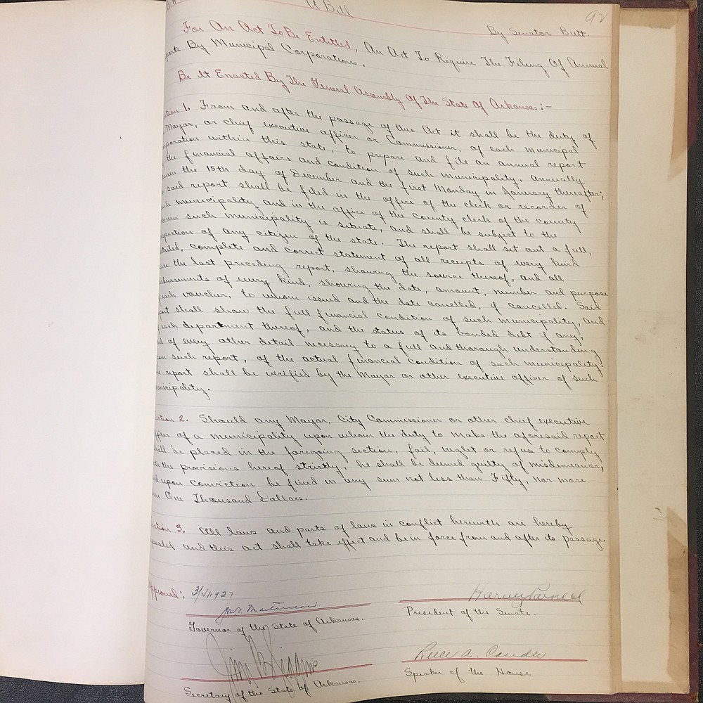 A volume from 1927 includes this bill introduced by Sen. Festus Orestes Butt. Convicted in a bribery scandal in 1906, Butt served part of his sentence, paid a fine and went home to Eureka Springs; he was re-elected to the Senate in 1927 and '29.
(Arkansas State Archives/David Ware)