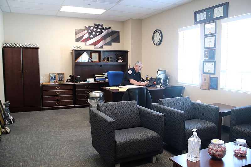 LYNN KUTTER ENTERPRISE-LEADER
The new office for Farmington Police Chief Brian Hubbard has a comfortable sitting area for people who want to come in and talk to him about different issues or problems. Hubbard has talked about the need for more space at the police department for years. The department moved into its new space in November.