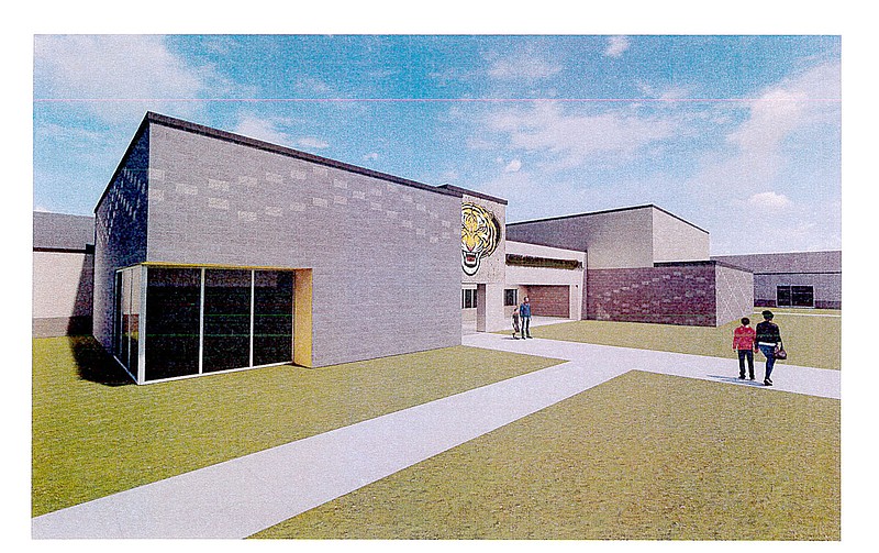 COURTESY PHOTO
The front of the new Prairie Grove Junior High will have a Tiger head, along with the school name. Prairie Grove School Board looked at a photo of the concept at its meeting last week.