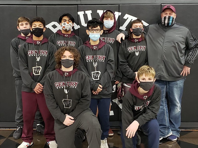 Submitted
Gentry wrestlers pictured are Jonah Summers (front, left), Clay Faust, Lee Roberts (row two, left), Cesar Fuentes, Tucker Hodges (back, left), Ed Galvan, Daniel Martin, Camden Wright and Coach Drew Tingley.