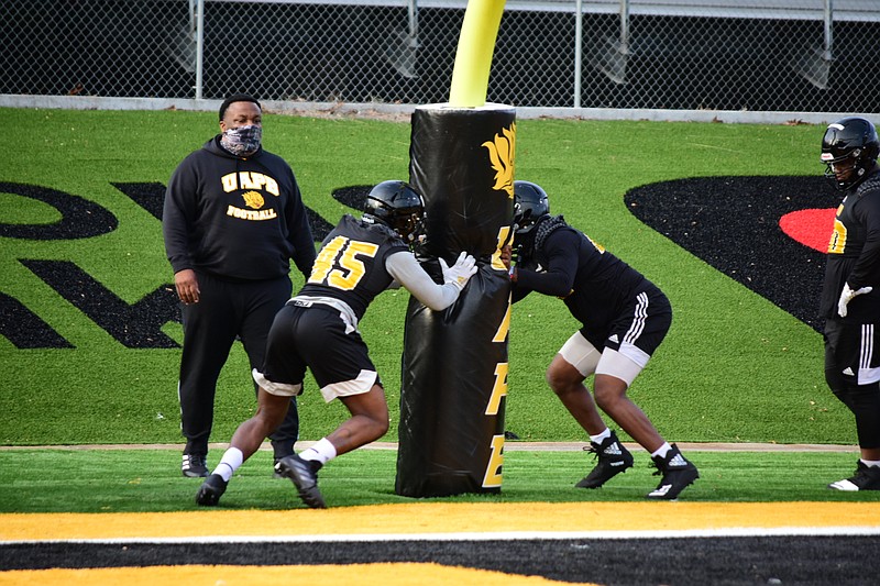 University of Arkansas at Pine Bluff football players go through blocking drills during practice at Simmons Bank Field. (Pine Bluff Commercial/I.C. Murrell)