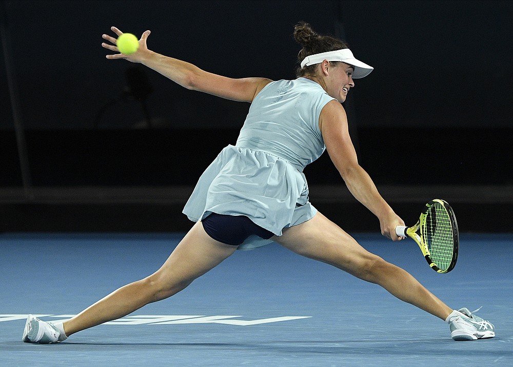 United States' Jennifer Brady hits a return to Japan's Naomi Osaka during the women's singles final at the Australian Open tennis championship in Melbourne, Australia, Saturday, Feb. 20, 2021.(AP Photo/Andy Brownbill)