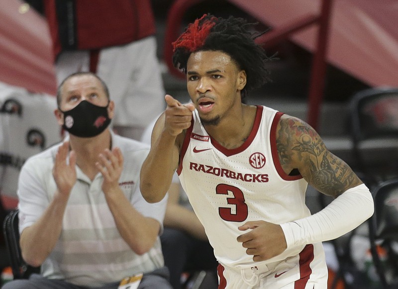 Arkansas guard Desi Sills (3) reacts during the second half of a Jan. 9 game at Bud Walton Arena in Fayetteville. - Photo by Charlie Kaijo of NWA Democrat-Gazette