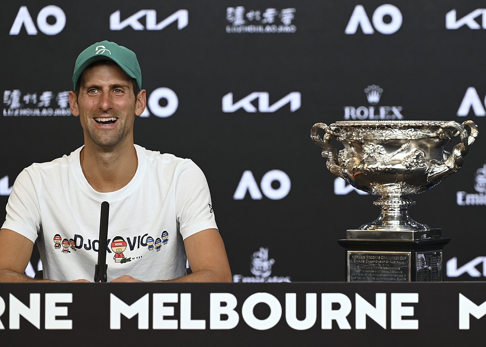 Serbia's Novak Djokovic answers questions, Monday Feb. 22, 2021, during a press conference after defeating Russia's Daniil Medvedev in the men's singles final at the Australian Open tennis championship in Melbourne, Australia, Sunday, Feb. 21, 2021.(Vince Caligiuri/Tennis Australia via AP)