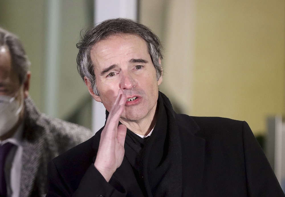 Director General of International Atomic Energy Agency, IAEA, Rafael Mariano Grossi from Argentina, speaks to the media after returning from Iran at the Vienna International Airport, Sunday, Feb. 21, 2021. (AP Photo/Ronald Zak)