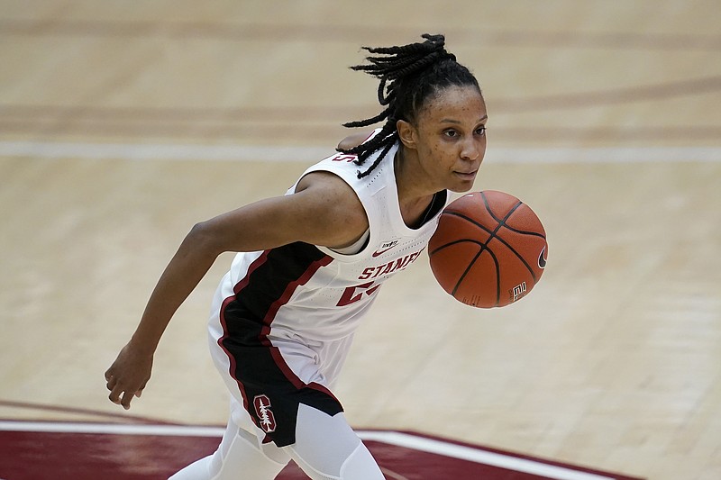 Stanford guard Kiana Williams dribbles against Arizona during the first half of an NCAA college basketball game in Stanford, Calif., Monday, Feb. 22, 2021. (AP Photo/Jeff Chiu)