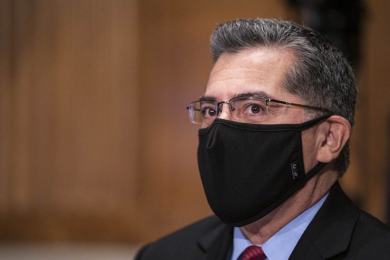 Xavier Becerra listens during a confirmation hearing to be Secretary of Health and Human Services before the Senate Health, Education, Labor and Pensions Committee, Tuesday, Feb. 23, 2021 on Capitol Hill in Washington.  (Sarah Silbiger/Pool via AP)