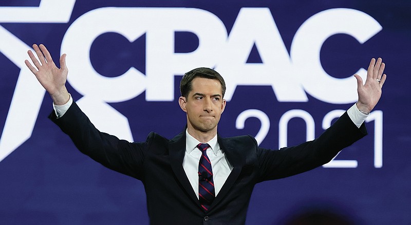 Sen. Tom Cotton, R-Ark., waves to supporters after speaking at the Conservative Political Action Conference (CPAC) Friday, Feb. 26, 2021, in Orlando, Fla. (AP Photo/John Raoux)