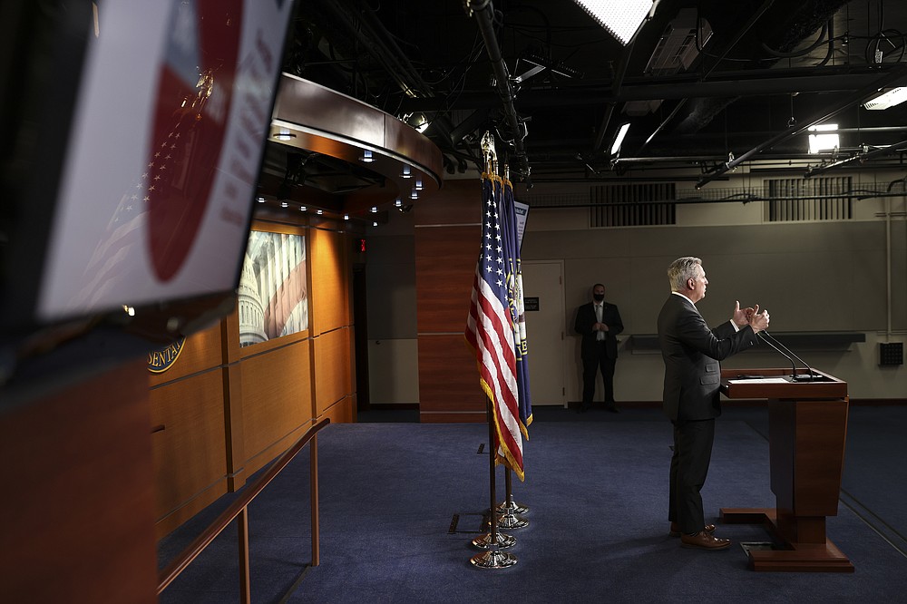 At a news conference Friday, House Minority Leader Kevin McCarthy labeled as “stupid” the Democrats’ plan to penalize corporations for paying workers less than $15 an hour. (The New York Times/Oliver Contreras)