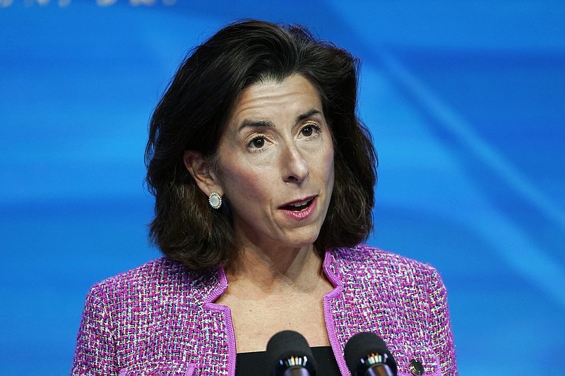 FILE - In this Jan. 8, 2021 file photo, President-elect Joe Biden's nominee for Secretary of Commerce, Rhode Island Gov. Gina Raimondo speaks during an event at The Queen theater in Wilmington.  The Senate has voted to confirm Raimondo as President Biden's commerce secretary. (AP Photo/Susan Walsh)