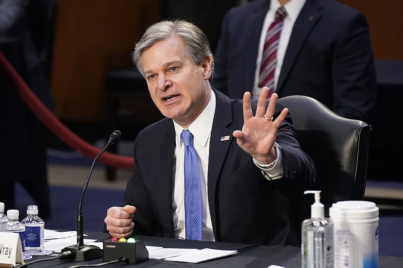 FBI Director Christopher Wray testifies before the Senate Judiciary Committee on Capitol Hill in Washington, Tuesday, March 2, 2021. Wray is condemning the Jan. 6 riot at the Capitol as ‚Äúdomestic terrorism.‚Äù  (AP Photo/Patrick Semansky)