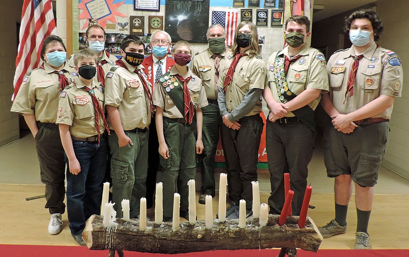 Front, from left, are Reid Ballard, Srdjan King, Devon Fremin, Levi Oliver, Carter Fulkerson and William Huzinec, and back, from left, are Miki King, assistant scoutmaster, Tim King, assistant scoutmaster, Herb Carey, PER, Lodge Leading Knight, and John Huzinec, scoutmaster and Elk member. - Submitted photo