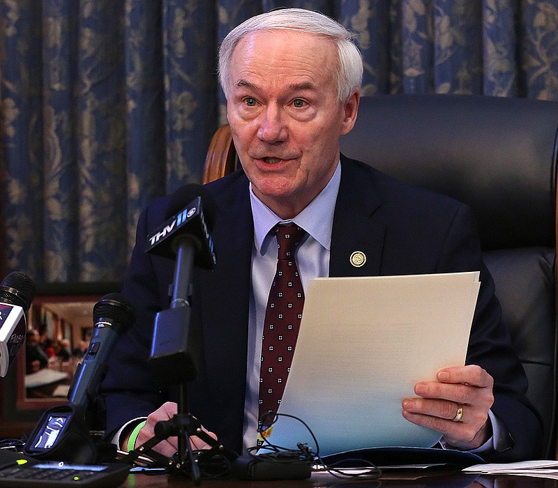 Gov. Asa Hutchinson speaks about his plan to sign the "Stand Your Ground" bill into law, while also expressing his support for hate crime legislation during a press conference on Wednesday, March 3, 2021, at the state Capitol in Little Rock. 
(Arkansas Democrat-Gazette/Thomas Metthe)