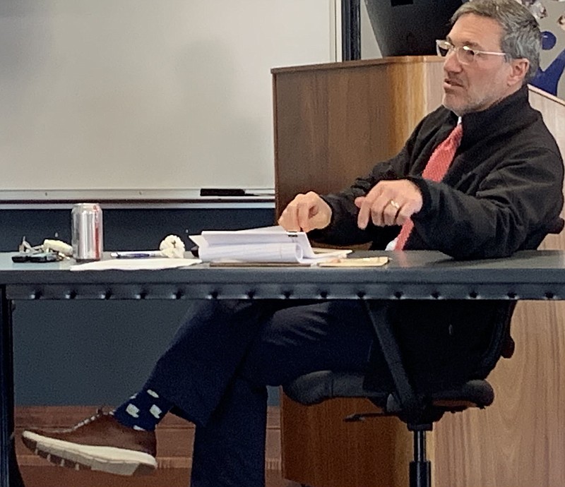 Jared Cleveland, superintendent, discusses the district's debt Thursday at a Springdale School Board work session. (NWA Democrat-Gazette/Mary Jordan)