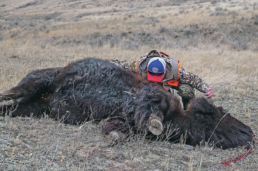 CORRECTS DATE TO JAN. 17, 2021 Brian Meyer takes a moment of appreciation for the bison he hunted and killed on the American Prairie Reserve in northeastern Montana on Jan. 17, 2021. A love of hunting propelled the 39-year-old Meyer to the remote prairie of Eastern Montana. Wounded Warriors Outdoors arranged for Meyer to participate in a donated bison harvest on land owned by American Prairie Reserve. (Thom Bridge/Independent Record via AP)