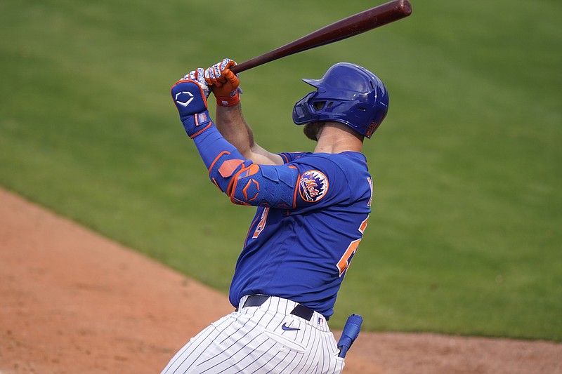 New York Mets' Pete Alonso hits a grand slam during the fifth inning of Thursday's spring training game against the Washington Nationals in Port St. Lucie, Fla. - Photo by Lynne Sladky of The Associated Press