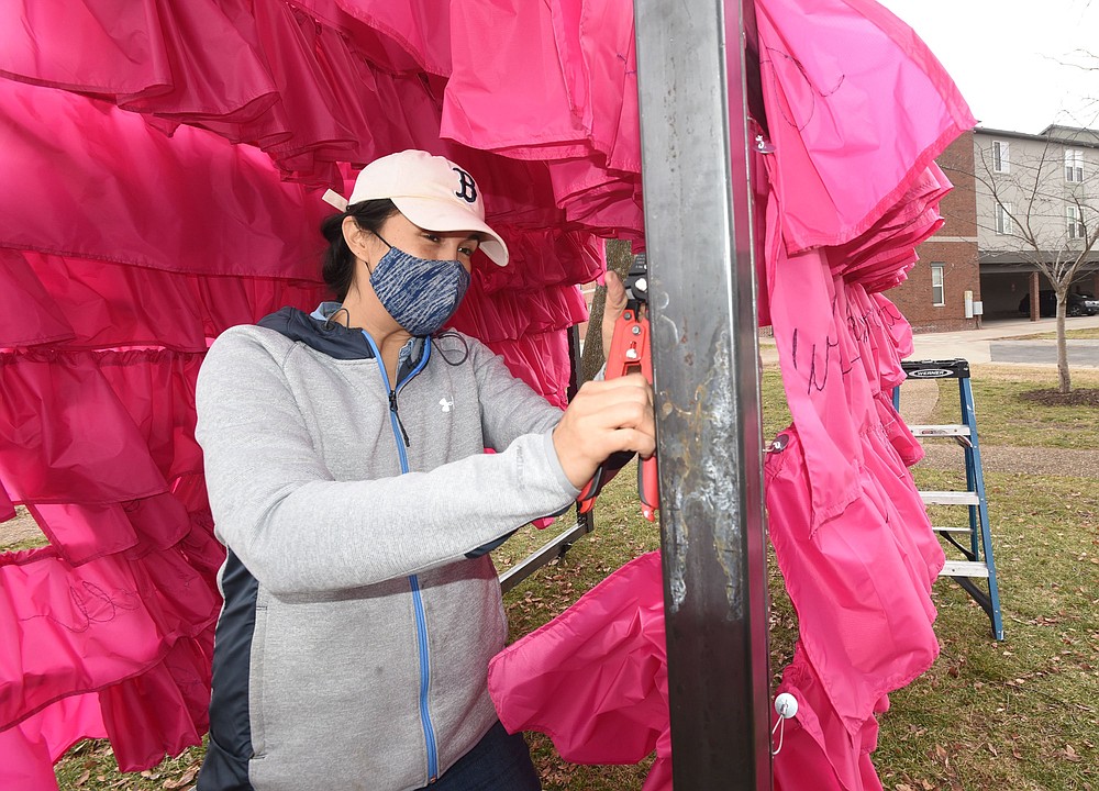 TRAIN STATION ART
Danielle Hatch attaches fabric Saturday Feb. 27 2021 to her sculpture "Guide These, My Hands" at Train Station Park on Main Street in Bentonville. Hatch created the sculpture and Traci Manos wrote a poem that's part of the art and helped with the embroidery on 360 yards of fabric that is placed over a metal frame. Hatch started building the piece in January. Go to nwaonline.com/210228Daily/ to see more photos.
(NWA Democrat-Gazette/Flip Putthoff)
