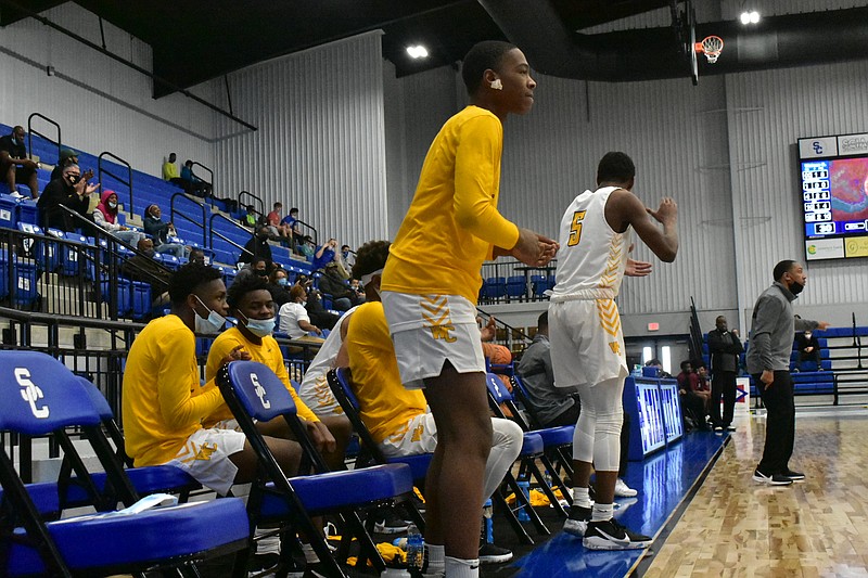 Watson Chapel players celebrate a made basket against Hope in a 4A South Region quarterfinal Thursday, March 4, 2021, at the Star City High School arena. (Pine Bluff Commercial/I.C. Murrell)