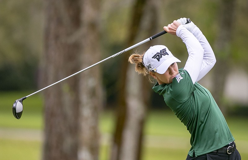 Austin Ernst tees off on nine during the third round of the LPGA golf tournament in Ocala, Fla., Saturday March 6, 2021. (Alan Youngblood/Ocala Star-Banner via AP)