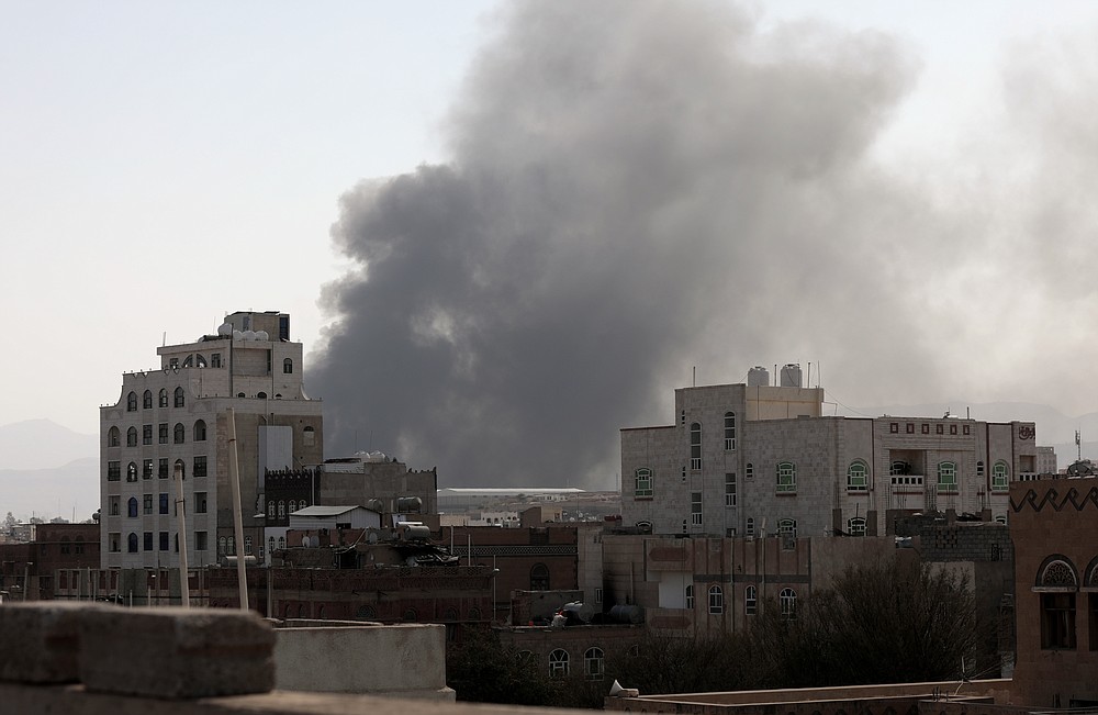 Smoke rises after Saudi-led airstrikes on an army base in Sanaa, Yemen, Sunday, Mar. 7, 2021. The Saudi-led coalition fighting Iran-backed rebels in Yemen said Sunday it launched a new air campaign on the war-torn country’s capital and on other provinces. The airstrikes come as retaliation for recent missile and drone attacks on Saudi Arabia that were claimed by the Iranian-backed rebels. (AP Photo/Hani Mohammed)
