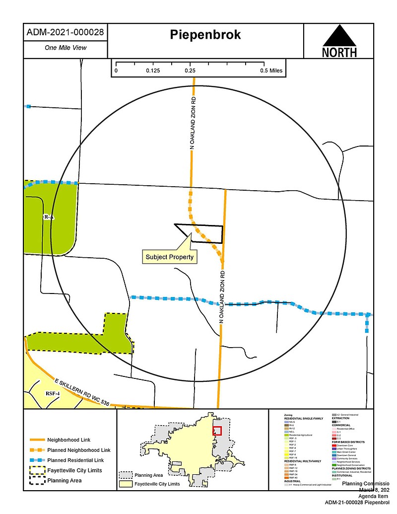 A map shows land east of Fayetteville's city limits where a proposed route on the master street plan is drawn. (Courtesy/City of Fayetteville)