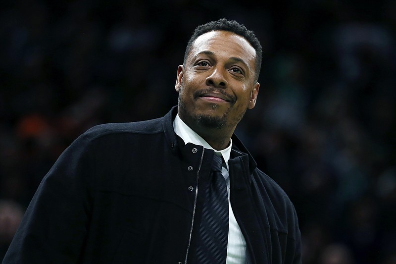 FILE - Former Boston Celtic Paul Pierce attends the NBA basketball game between the Celtics and the Houston Rockets in Boston, Saturday, Feb. 29, 2020. Celtics star Paul Pierce, “Showtime” Los Angeles Lakers star Michael Cooper and 11-time NBA All-Star Chris Bosh lead a list of 14 finalists for the Naismith Memorial Basketball Hall of Fame Class of 2021, Tuesday. March 9, 2021. (AP Photo/Michael Dwyer, file)