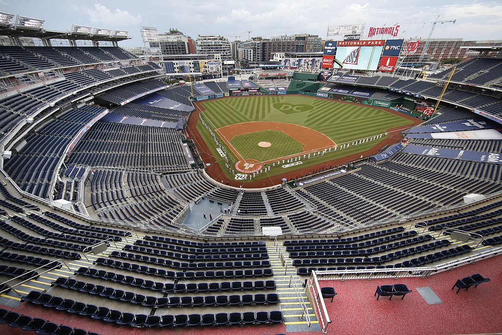 FILE - The New York Yankees and the Washington Nationals stand on the field before their opening day baseball game with no fans in the seats at Nationals Park in Washington, in this Thursday, July 23, 2020, file photo. Sports events held amid the coronavirus pandemic have become a whole different sort of spectacle when it comes to spectators. (AP Photo/Alex Brandon, File)