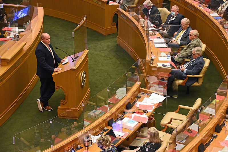 Rep. Jeff Wardlaw, R-Hermitage, speaks on House Bill 1662 during the Arkansas House of Representatives general assembly meeting Thursday, March 11, 2021 at the State Capitol in Little Rock.
(Arkansas Democrat-Gazette/Staci Vandagriff)